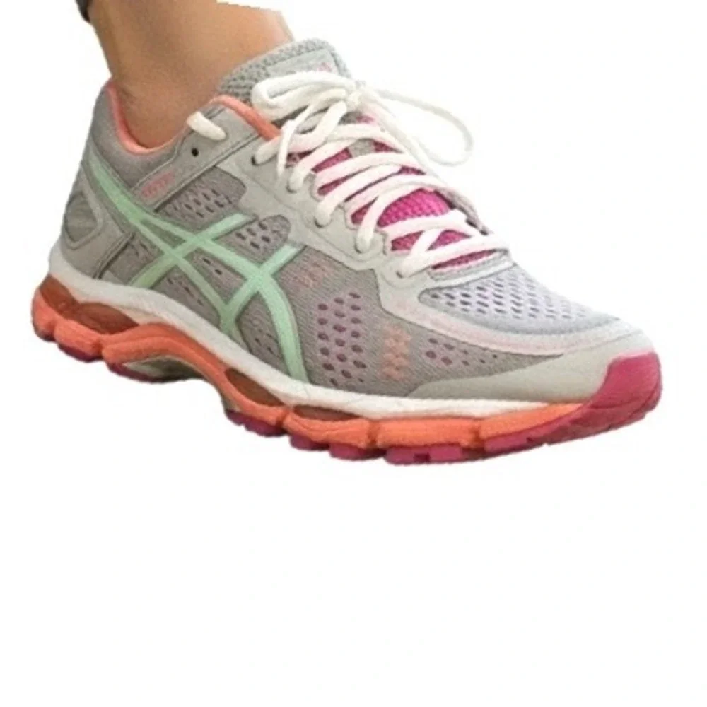 Asics Womens Grey Gel Kayano 22 Size 9 Running Shoes T597N Pink Orange Athletic